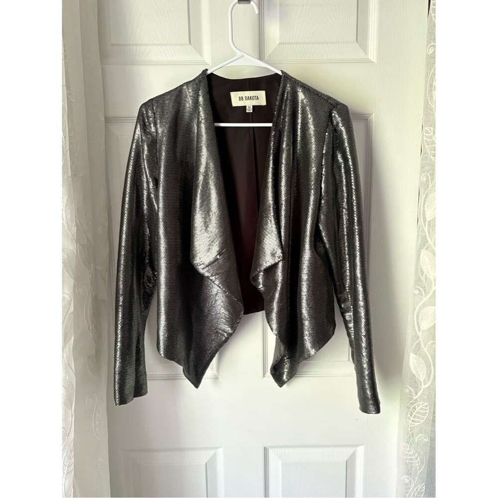 Anthropologie BB Dakota Metallic Sequin Draped Open-Front cropped Jacket size M